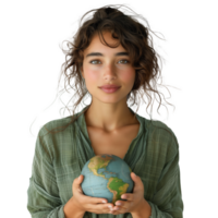 Young woman holding a globe with a gentle smile png