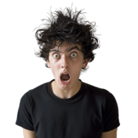 Shocked young man with messy hair and open mouth png