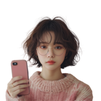 Young woman with round glasses holding a pink phone png