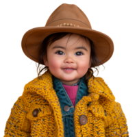 Adorable toddler in cowboy hat and colorful knit jacket png