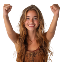 Happy young woman celebrating success on transparent background png
