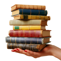 Female hand holding a stack of classic books png