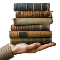 Hand holding a stack of old, vintage books on transparent png