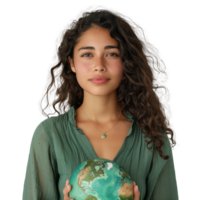 Young woman holding a globe with a hopeful expression png