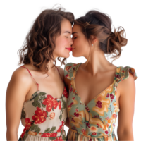 Two women sharing a kiss, floral dresses, transparent background png