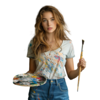 weiblich Künstler halten ein Palette und Bürste auf ein transparent Hintergrund png