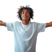 Jeune homme sentiment gratuit et joyeux avec bras tendu png