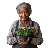 äldre kvinna leende medan innehav en inlagd växt png