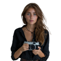 Young female photographer holding a vintage camera png