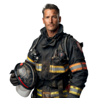 Confident firefighter with helmet and gear on transparent background png