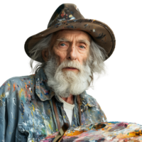 Elderly artist with a colorful palette and paint-splattered hat png