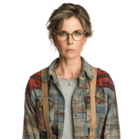 Confident mature woman with stylish glasses and plaid shirt png