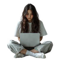 Young woman sitting cross-legged using laptop on transparent background png