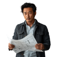 asiático arquitecto revisando planos, transparente antecedentes png
