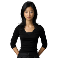 Confident young Asian woman with a sleek black outfit png