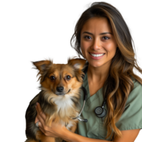 Smiling veterinarian holding a cute dog on a transparent background png