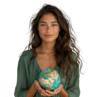 Young woman holding a globe with a caring expression png