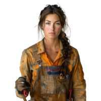 Confident female worker in dirty overalls on transparent background png