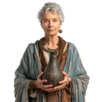 Elderly woman in historical costume holding ancient vase png