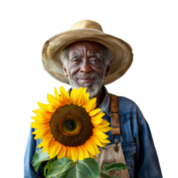 ouderen Afrikaanse Amerikaans boer met zonnebloem Aan transparant achtergrond png