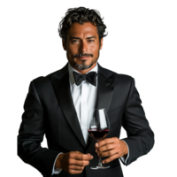 Handsome man in tuxedo holding a glass of red wine png