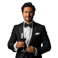 Elegant man in tuxedo holding a glass of red wine png