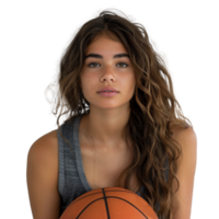 Young female athlete posing with basketball on transparent background png