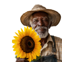 Elderly man in straw hat holding a bright sunflower png