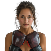 fokuserade kvinna boxare med röd boxning handskar, redo till bekämpa png