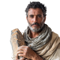 Mature man holding a large stone on a transparent background png
