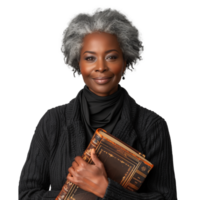 Sénior noir femme en portant une livre, isolé sur transparent png