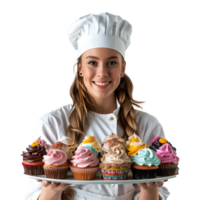 Smiling female chef presenting colorful cupcakes on a platter png