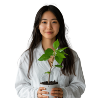 Young woman smiling and holding a potted plant png