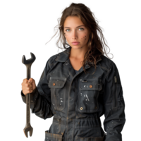 Confident woman mechanic holding a wrench on transparent background png