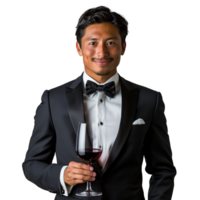 elegant Mann im Smoking halten ein Glas von rot Wein png