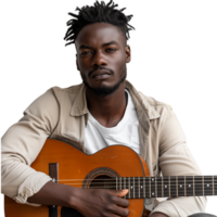 Serious male musician holding acoustic guitar on transparent background png