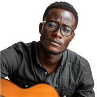 Serious young man holding a guitar on a transparent background png