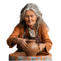 Elderly woman skillfully shaping pottery on a wheel png
