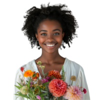 leende ung kvinna med bukett av färgrik blommor png
