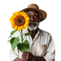 Elderly man with bright sunflower on a transparent background png