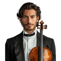 elegant männlich Musiker halten ein klassisch Violine auf transparent Hintergrund png