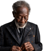 Elderly black man deep in thought in stylish suit, isolated png