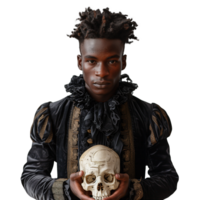 Man in vintage outfit holding a decorated skull, dramatic expression png