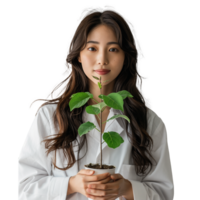 jung Frau im Weiß halten ein eingetopft Pflanze mit ein sanft Lächeln png