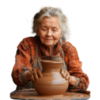 Elderly woman skillfully shaping clay on pottery wheel png