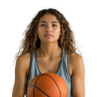 Confident female athlete posing with basketball on transparent background png