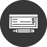 dinero cheque glifo invertido icono vector