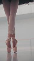 Ballerina's Legs. She Dances on Her Pointe Ballet Shoes. Slow Motion. Vertical format for the phone video