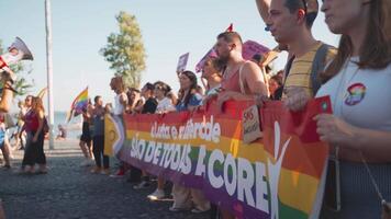 Lisboa, Portugal. 17 Junho 2023 pessoas encontro dentro parque durante orgulho parada dentro Lisboa. multidões às evento para luta para LGBTQIA direitos. video