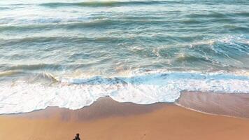 aéreo Visão do onda em a de praia com areia e turquesa ondas video